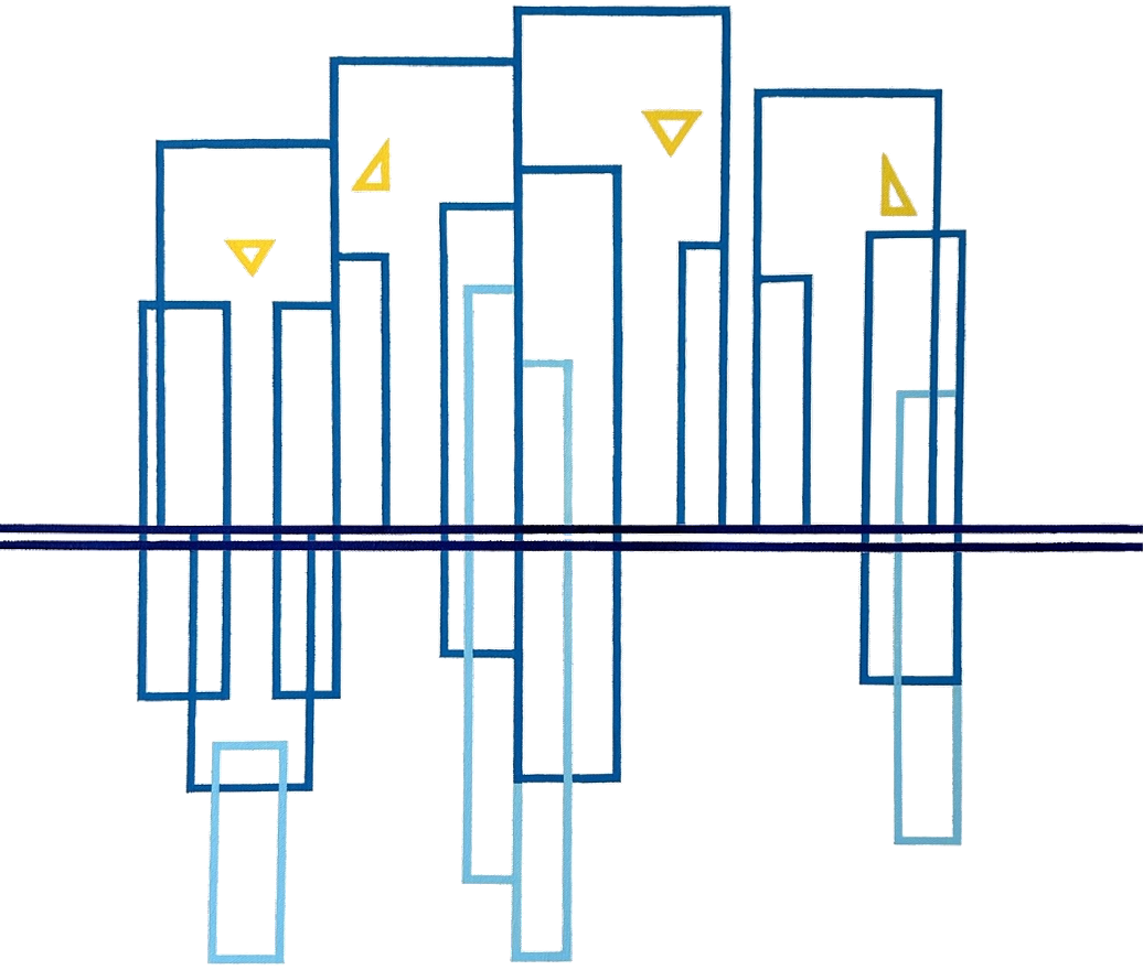 Birds in blue lines on a horizontal bar, cut out from one of the paintings